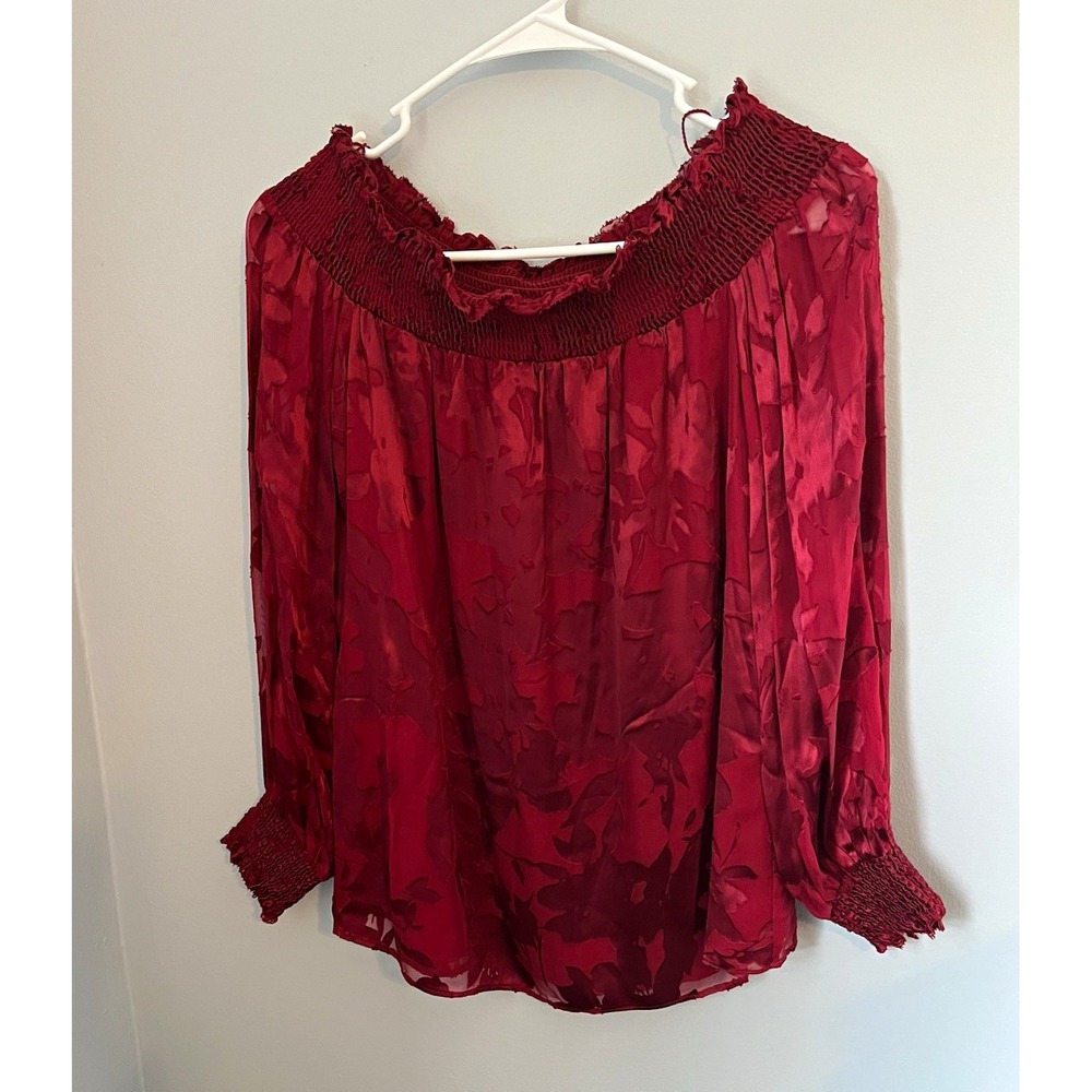 White House Black Market XS Burgundy Red Floral Off Shoulder Smocked Blouse